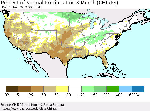United States Percent of Normal Precipitation 3-Month (CHIRPS) Thematic Map For 12/1/2021 - 2/28/2022