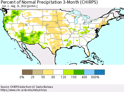 United States Percent of Normal Precipitation 3-Month (CHIRPS) Thematic Map For 6/1/2022 - 8/31/2022
