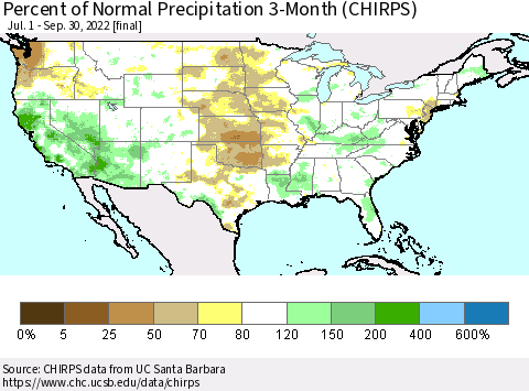 United States Percent of Normal Precipitation 3-Month (CHIRPS) Thematic Map For 7/1/2022 - 9/30/2022