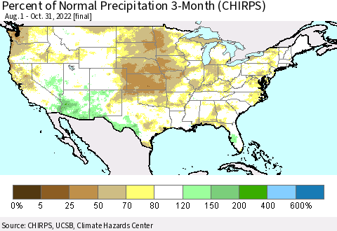 United States Percent of Normal Precipitation 3-Month (CHIRPS) Thematic Map For 8/1/2022 - 10/31/2022