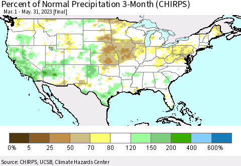 United States Percent of Normal Precipitation 3-Month (CHIRPS) Thematic Map For 3/1/2023 - 5/31/2023
