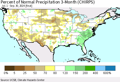 United States Percent of Normal Precipitation 3-Month (CHIRPS) Thematic Map For 7/1/2024 - 9/30/2024