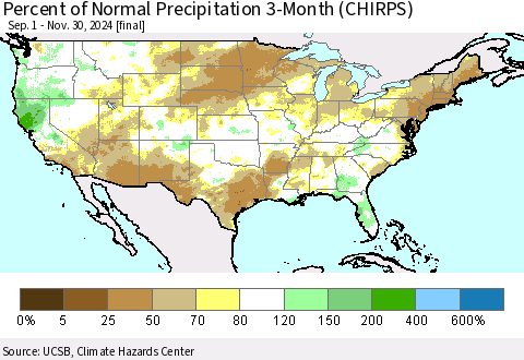 United States Percent of Normal Precipitation 3-Month (CHIRPS) Thematic Map For 9/1/2024 - 11/30/2024