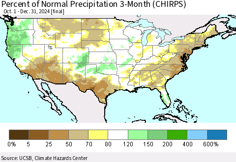 United States Percent of Normal Precipitation 3-Month (CHIRPS) Thematic Map For 10/1/2024 - 12/31/2024