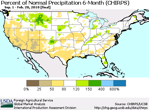 United States Percent of Normal Precipitation 6-Month (CHIRPS) Thematic Map For 9/1/2017 - 2/28/2018