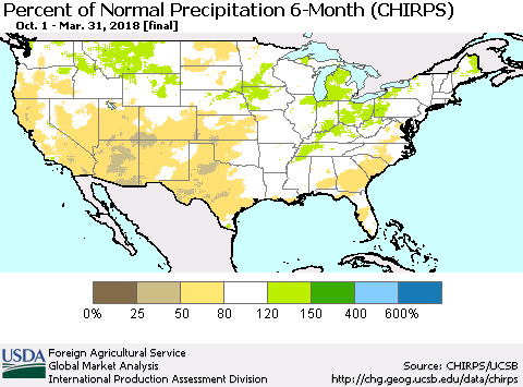 United States Percent of Normal Precipitation 6-Month (CHIRPS) Thematic Map For 10/1/2017 - 3/31/2018
