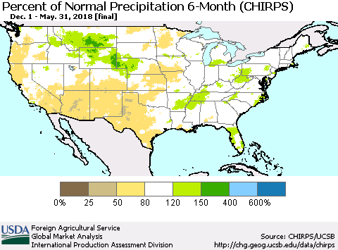 United States Percent of Normal Precipitation 6-Month (CHIRPS) Thematic Map For 12/1/2017 - 5/31/2018
