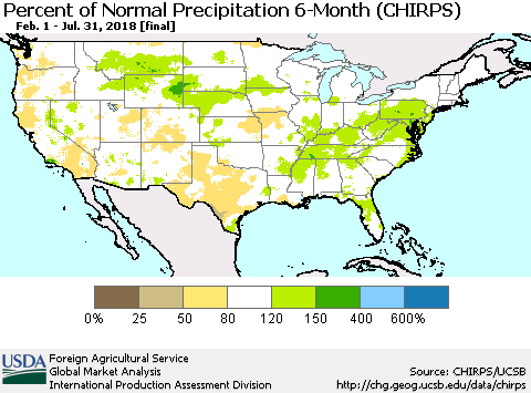 United States Percent of Normal Precipitation 6-Month (CHIRPS) Thematic Map For 2/1/2018 - 7/31/2018