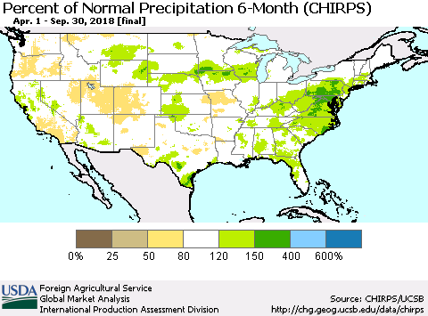 United States Percent of Normal Precipitation 6-Month (CHIRPS) Thematic Map For 4/1/2018 - 9/30/2018