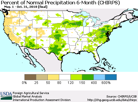 United States Percent of Normal Precipitation 6-Month (CHIRPS) Thematic Map For 5/1/2018 - 10/31/2018