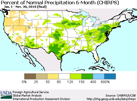 United States Percent of Normal Precipitation 6-Month (CHIRPS) Thematic Map For 6/1/2018 - 11/30/2018