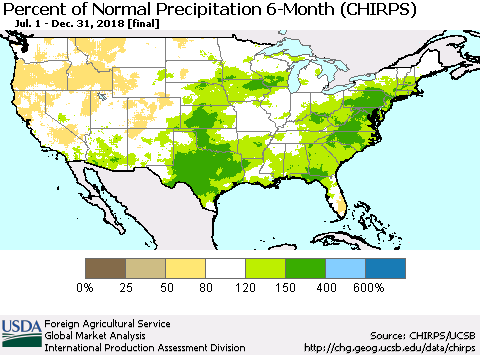 United States Percent of Normal Precipitation 6-Month (CHIRPS) Thematic Map For 7/1/2018 - 12/31/2018