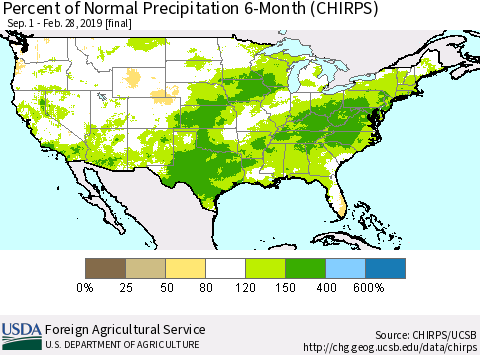 United States Percent of Normal Precipitation 6-Month (CHIRPS) Thematic Map For 9/1/2018 - 2/28/2019