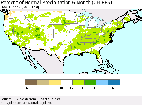 United States Percent of Normal Precipitation 6-Month (CHIRPS) Thematic Map For 11/1/2018 - 4/30/2019