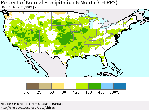 United States Percent of Normal Precipitation 6-Month (CHIRPS) Thematic Map For 12/1/2018 - 5/31/2019