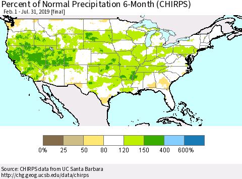 United States Percent of Normal Precipitation 6-Month (CHIRPS) Thematic Map For 2/1/2019 - 7/31/2019