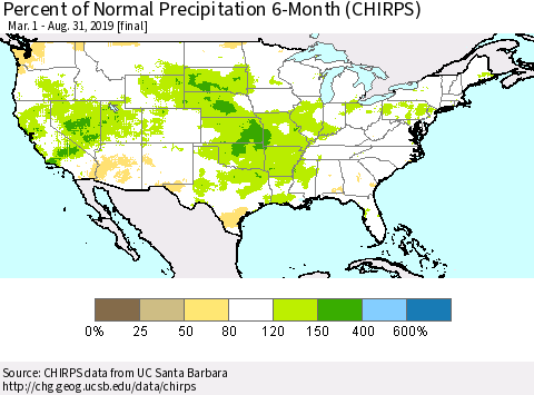 United States Percent of Normal Precipitation 6-Month (CHIRPS) Thematic Map For 3/1/2019 - 8/31/2019