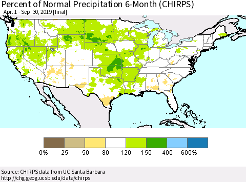 United States Percent of Normal Precipitation 6-Month (CHIRPS) Thematic Map For 4/1/2019 - 9/30/2019