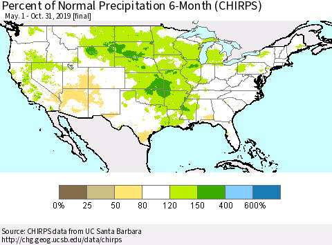 United States Percent of Normal Precipitation 6-Month (CHIRPS) Thematic Map For 5/1/2019 - 10/31/2019