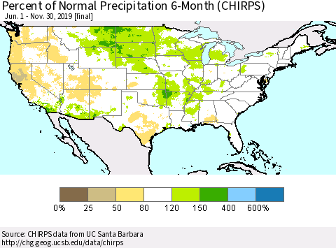 United States Percent of Normal Precipitation 6-Month (CHIRPS) Thematic Map For 6/1/2019 - 11/30/2019