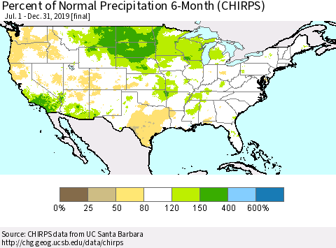 United States Percent of Normal Precipitation 6-Month (CHIRPS) Thematic Map For 7/1/2019 - 12/31/2019