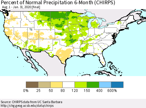 United States Percent of Normal Precipitation 6-Month (CHIRPS) Thematic Map For 8/1/2019 - 1/31/2020