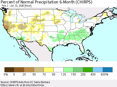 United States Percent of Normal Precipitation 6-Month (CHIRPS) Thematic Map For 2/1/2020 - 7/31/2020