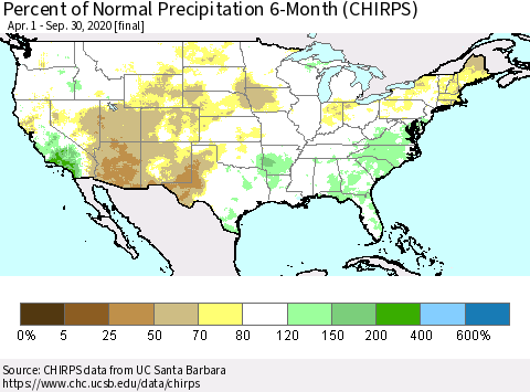 United States Percent of Normal Precipitation 6-Month (CHIRPS) Thematic Map For 4/1/2020 - 9/30/2020