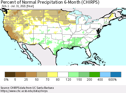 United States Percent of Normal Precipitation 6-Month (CHIRPS) Thematic Map For 2/1/2021 - 7/31/2021