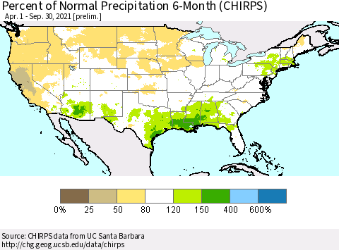 United States Percent of Normal Precipitation 6-Month (CHIRPS) Thematic Map For 4/1/2021 - 9/30/2021