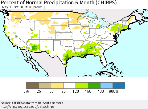United States Percent of Normal Precipitation 6-Month (CHIRPS) Thematic Map For 5/1/2021 - 10/31/2021