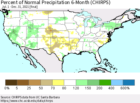 United States Percent of Normal Precipitation 6-Month (CHIRPS) Thematic Map For 7/1/2021 - 12/31/2021