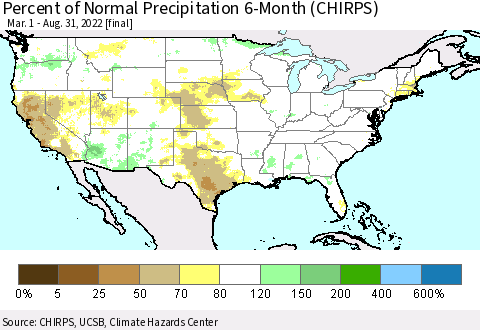United States Percent of Normal Precipitation 6-Month (CHIRPS) Thematic Map For 3/1/2022 - 8/31/2022