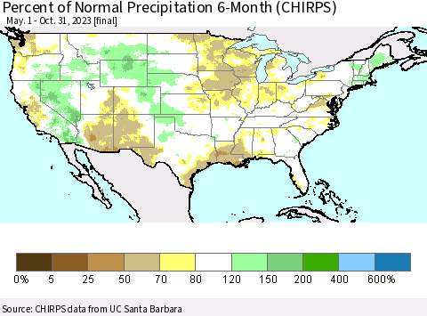 United States Percent of Normal Precipitation 6-Month (CHIRPS) Thematic Map For 5/1/2023 - 10/31/2023