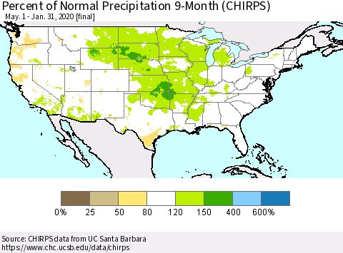 United States Percent of Normal Precipitation 9-Month (CHIRPS) Thematic Map For 5/1/2019 - 1/31/2020