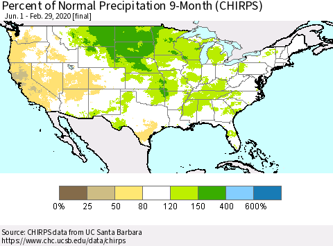 United States Percent of Normal Precipitation 9-Month (CHIRPS) Thematic Map For 6/1/2019 - 2/29/2020