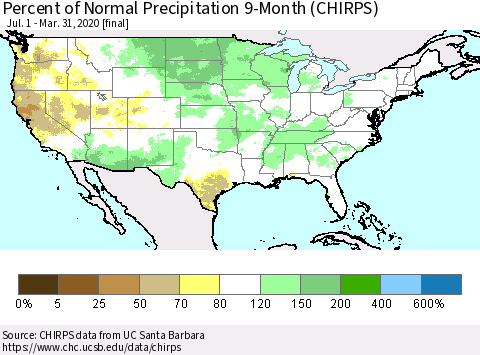United States Percent of Normal Precipitation 9-Month (CHIRPS) Thematic Map For 7/1/2019 - 3/31/2020