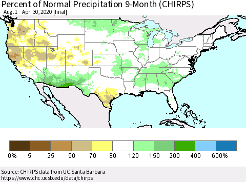 United States Percent of Normal Precipitation 9-Month (CHIRPS) Thematic Map For 8/1/2019 - 4/30/2020