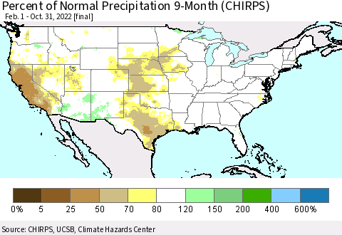 United States Percent of Normal Precipitation 9-Month (CHIRPS) Thematic Map For 2/1/2022 - 10/31/2022