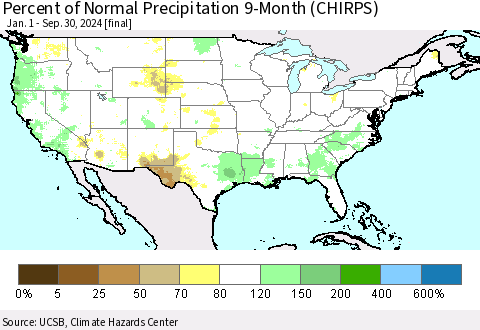 United States Percent of Normal Precipitation 9-Month (CHIRPS) Thematic Map For 1/1/2024 - 9/30/2024