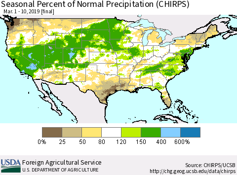 United States Seasonal Percent of Normal Precipitation (CHIRPS) Thematic Map For 3/1/2019 - 3/10/2019