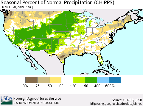 United States Seasonal Percent of Normal Precipitation (CHIRPS) Thematic Map For 3/1/2019 - 3/20/2019