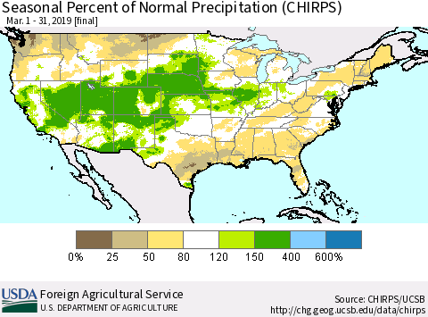 United States Seasonal Percent of Normal Precipitation (CHIRPS) Thematic Map For 3/1/2019 - 3/31/2019