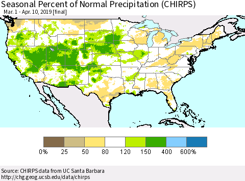 United States Seasonal Percent of Normal Precipitation (CHIRPS) Thematic Map For 3/1/2019 - 4/10/2019