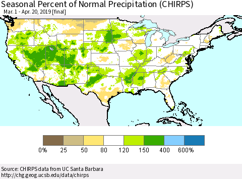 United States Seasonal Percent of Normal Precipitation (CHIRPS) Thematic Map For 3/1/2019 - 4/20/2019