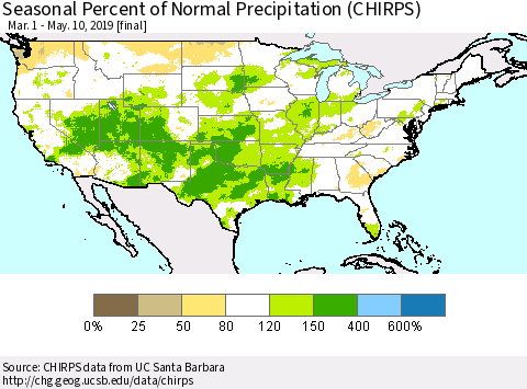 United States Seasonal Percent of Normal Precipitation (CHIRPS) Thematic Map For 3/1/2019 - 5/10/2019