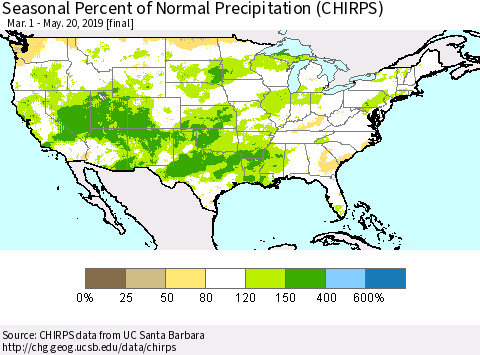 United States Seasonal Percent of Normal Precipitation (CHIRPS) Thematic Map For 3/1/2019 - 5/20/2019