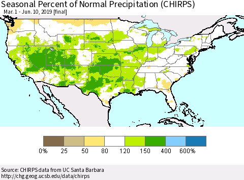 United States Seasonal Percent of Normal Precipitation (CHIRPS) Thematic Map For 3/1/2019 - 6/10/2019
