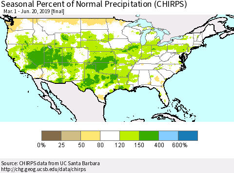United States Seasonal Percent of Normal Precipitation (CHIRPS) Thematic Map For 3/1/2019 - 6/20/2019