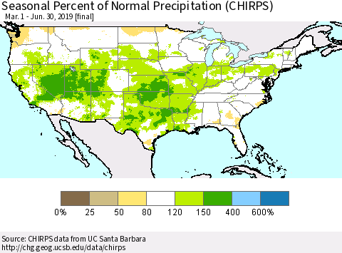 United States Seasonal Percent of Normal Precipitation (CHIRPS) Thematic Map For 3/1/2019 - 6/30/2019